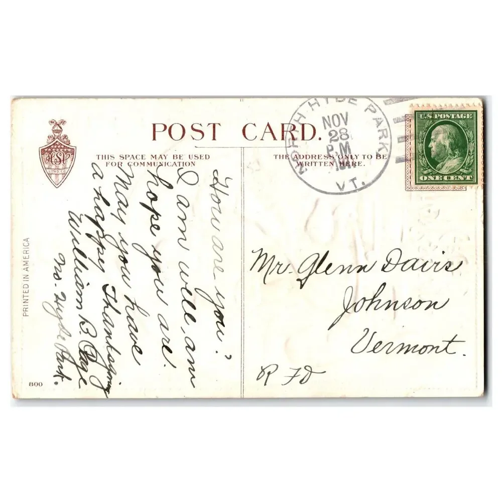 1910 Thanksgiving Greetings Postcard Pilgrim Carving Turkey US Flag VT Postmark
